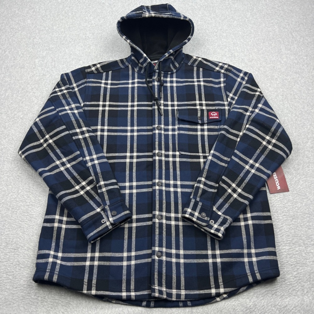NEW Wolverine Bucksaw Flannel Mens Large Navy Plaid Hooded Fleece Lined Jacket